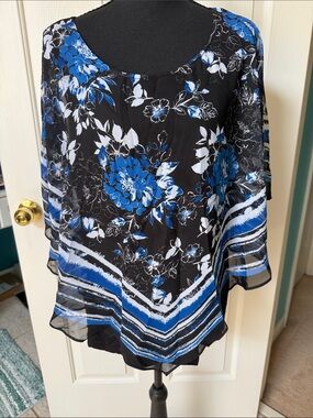 Apt. 9 Black & Blue Floral Lined Chiffon Poncho Tunic